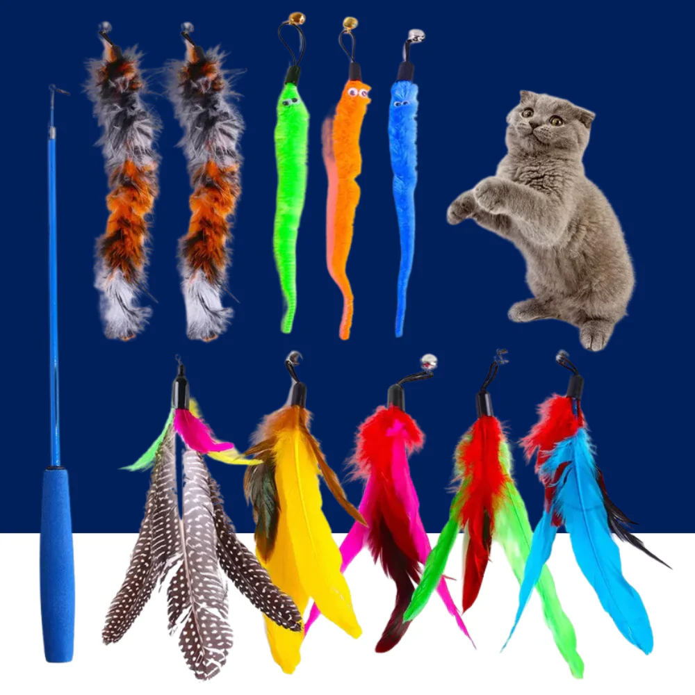 11PCS Cat Feather Toy Set – Replacement Feather Heads & Retractable Cat Wand Interactive Teaser Toys
