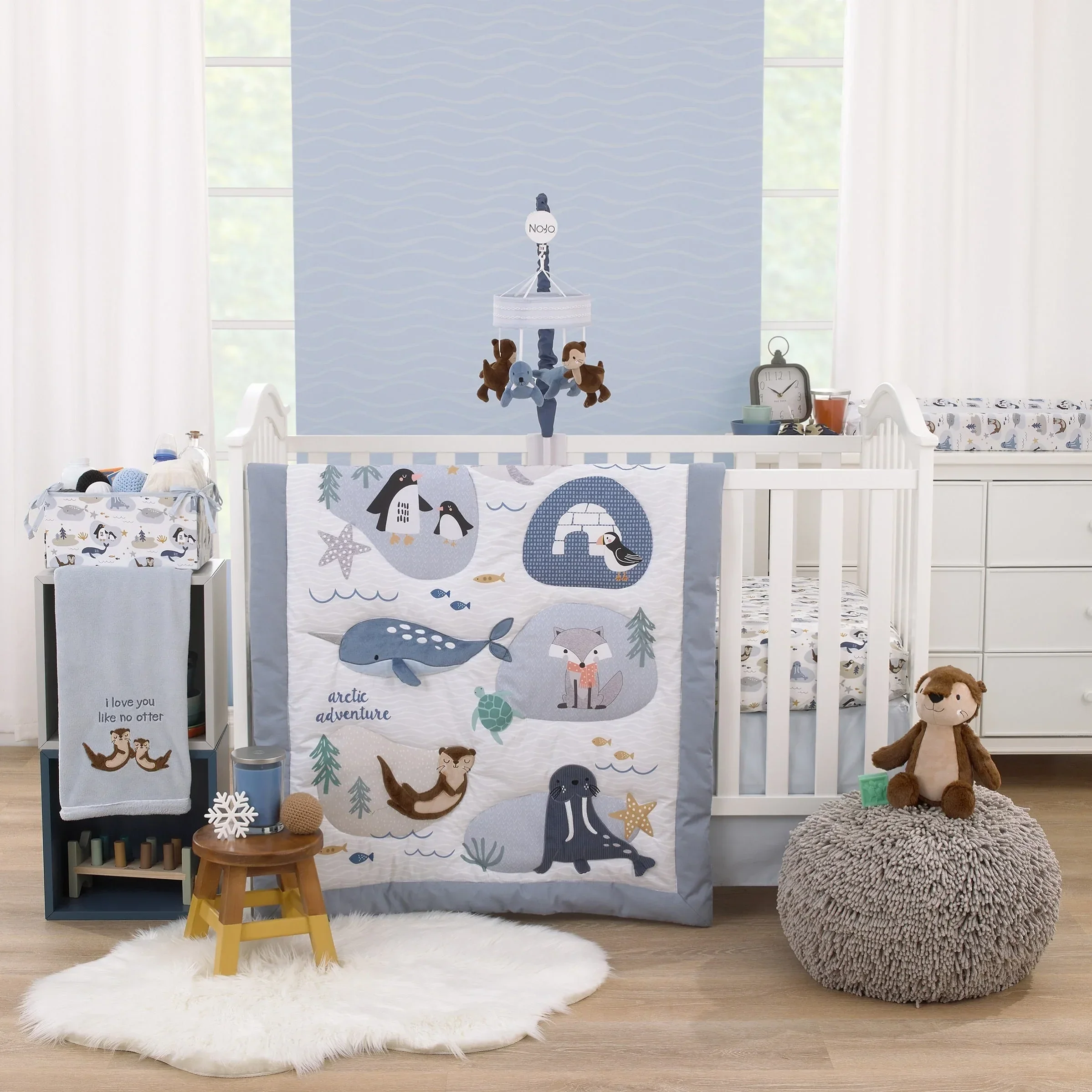 Arctic Adventure Light Blue, White, and Navy Whales, Narwhal, and Walrus "The World is your Oyster" 100% Cotton Photo Op Fitted Crib Sheet - Image 5