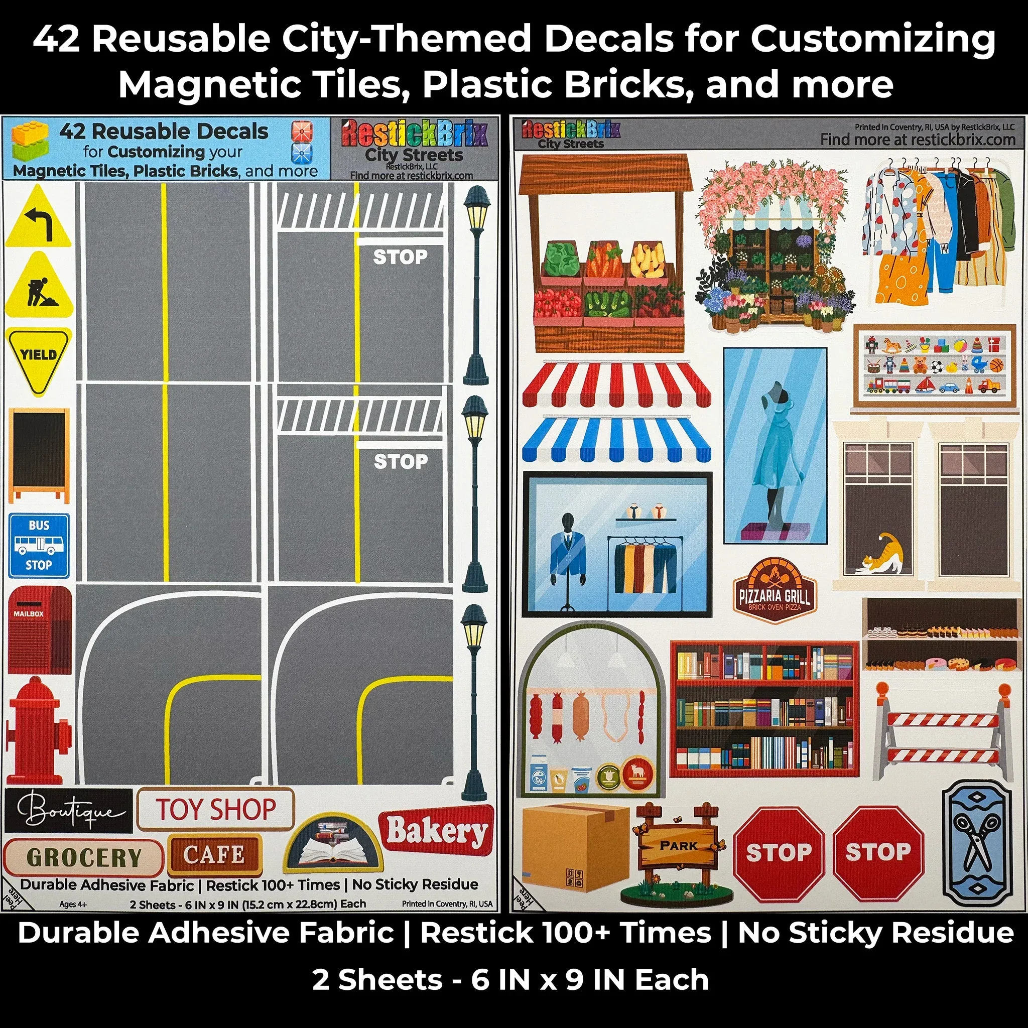 City Streets: Reusable Decals for Customizing Magnetic Tiles, Plastic Bricks, and more