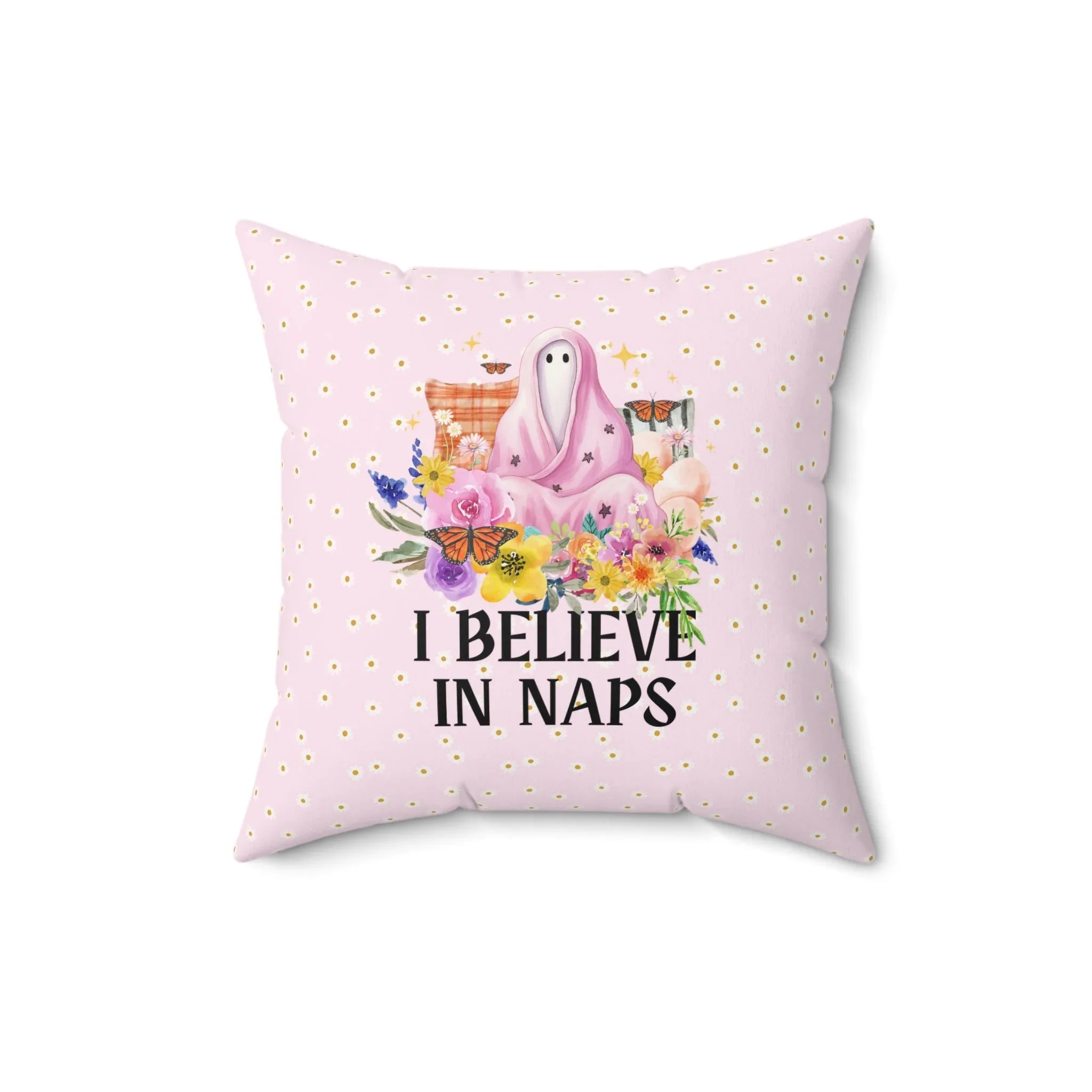 Cozy Whimsigoth Pillow with Floral Ghost: I Believe in Naps | Reversible Boho Butterfly Pillow,
