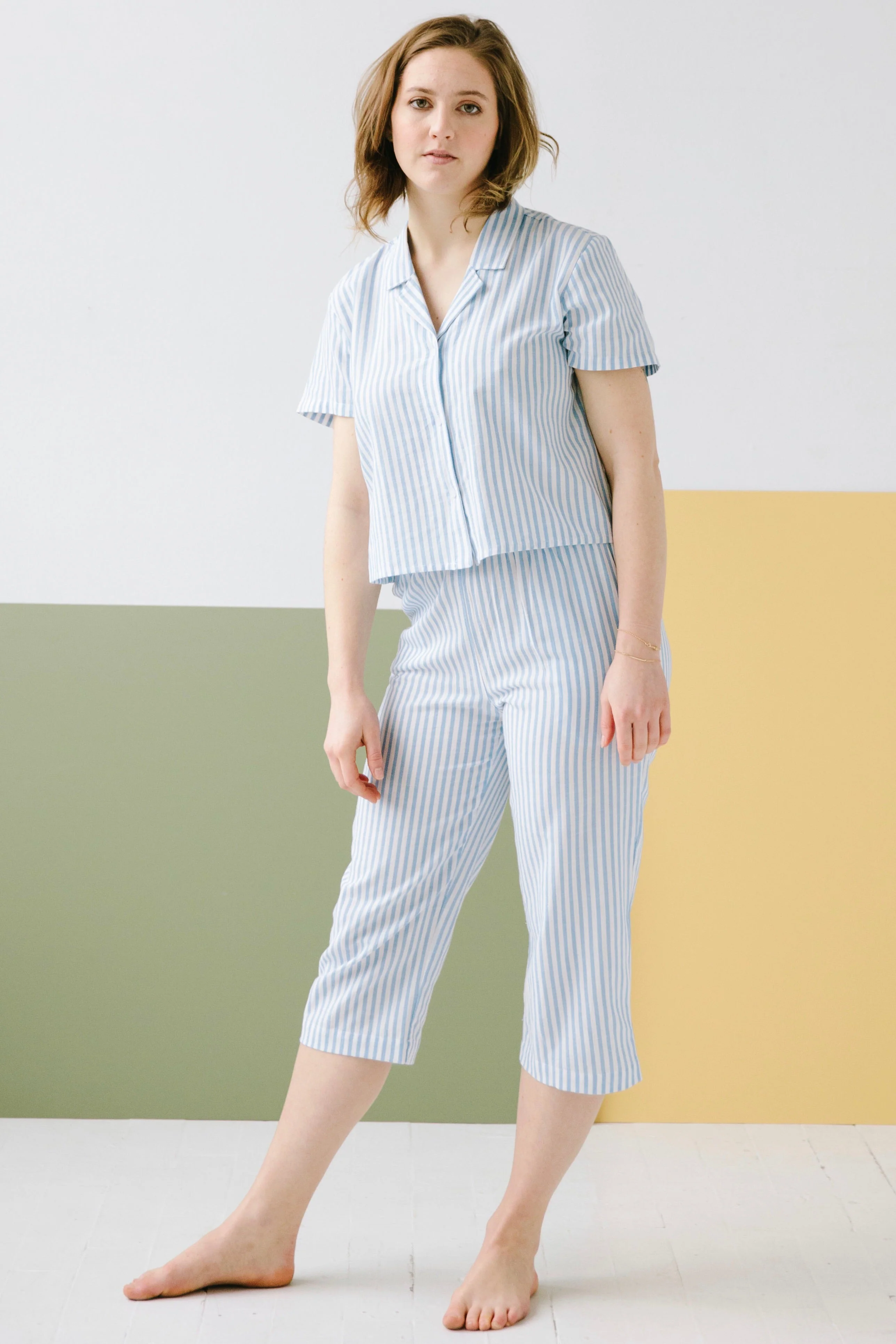 Cropped Button Down-High Waisted Striped Capri - Image 7