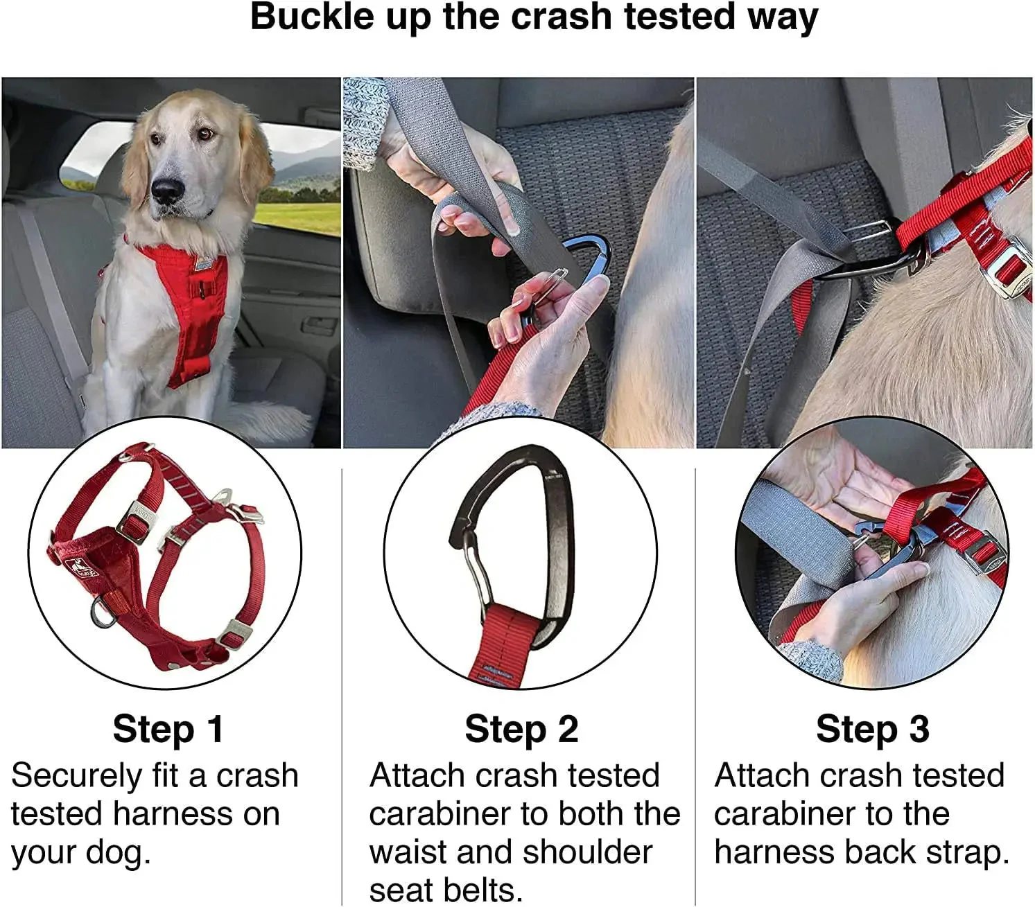Enhanced Strength Tru-Fit Dog Car Harness - Crash Tested for Safety - Broad Chest Plate - All Steel Nested Buckles - Includes Seatbelt Tether - Red - Medium - Image 4