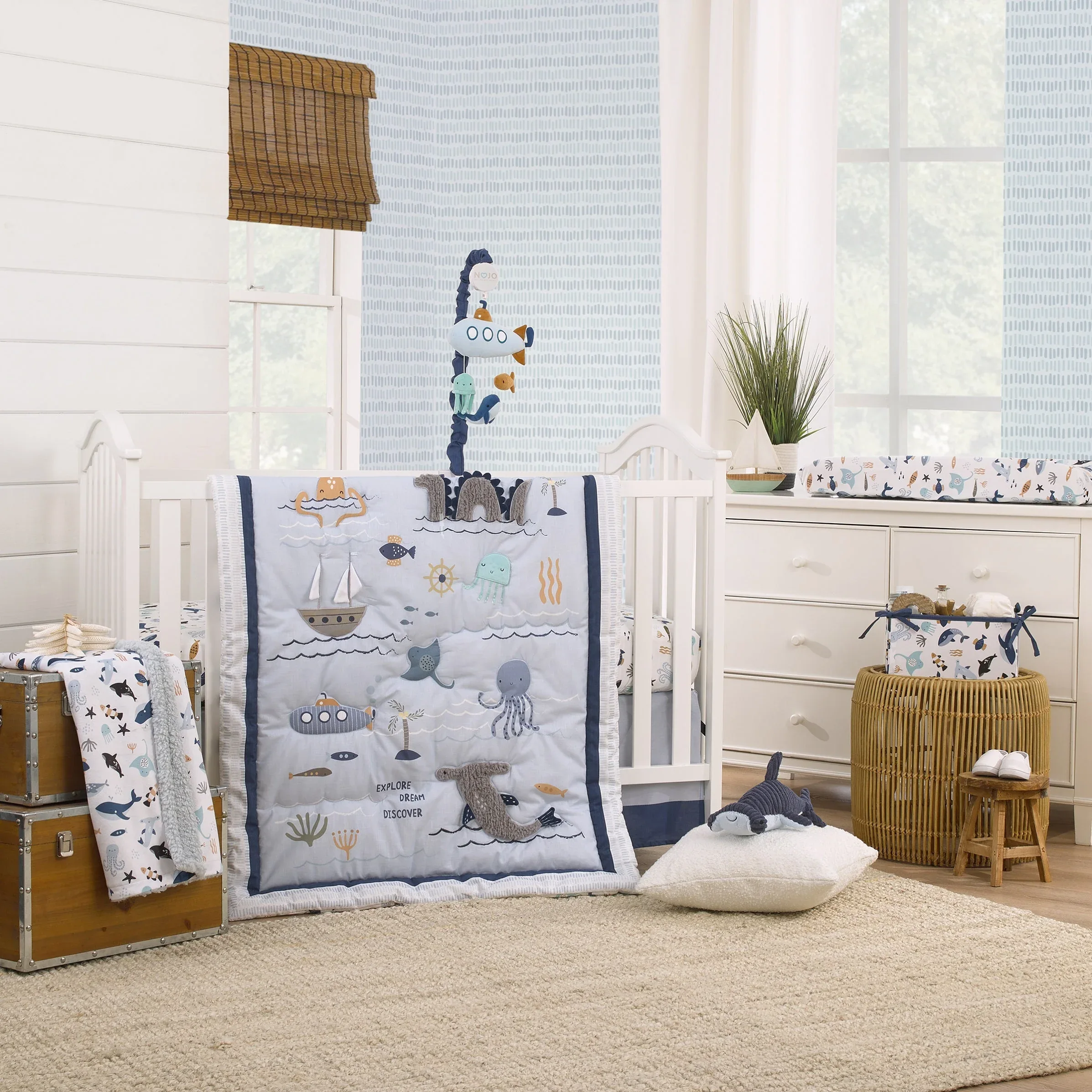 Explore Dream Discover Light Blue, Navy, and Aqua Submarine Plush Musical Mobile - Image 4