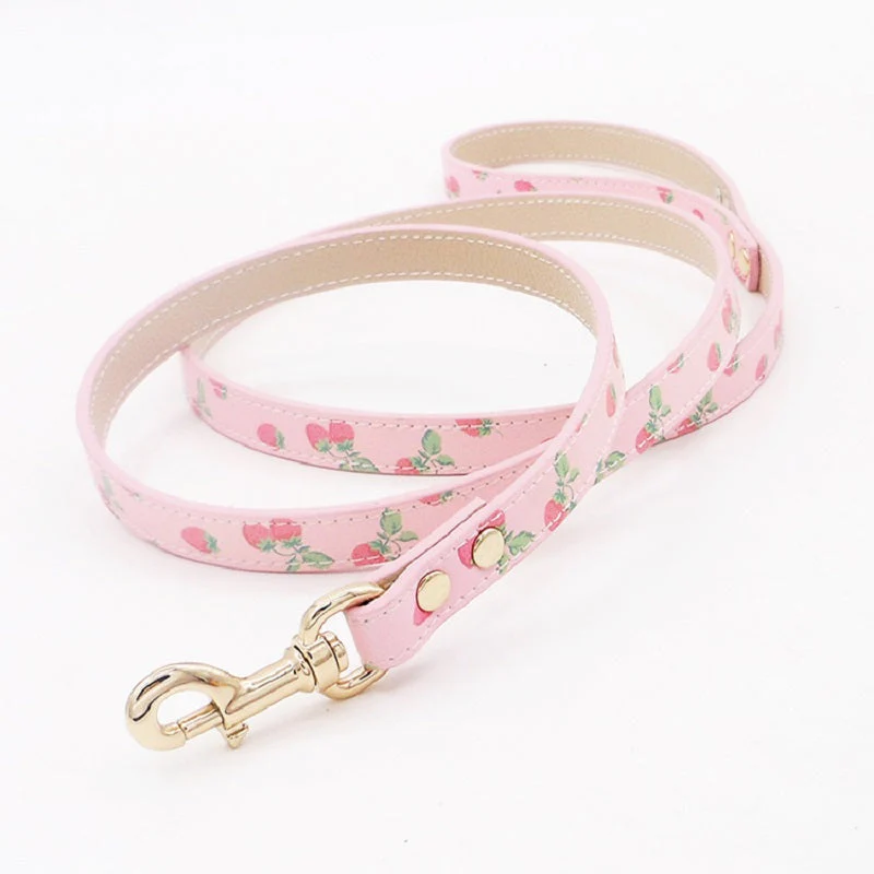 Handmade Strawberry Dog Collar Leash Sets Real Calfskin Customize - Image 9