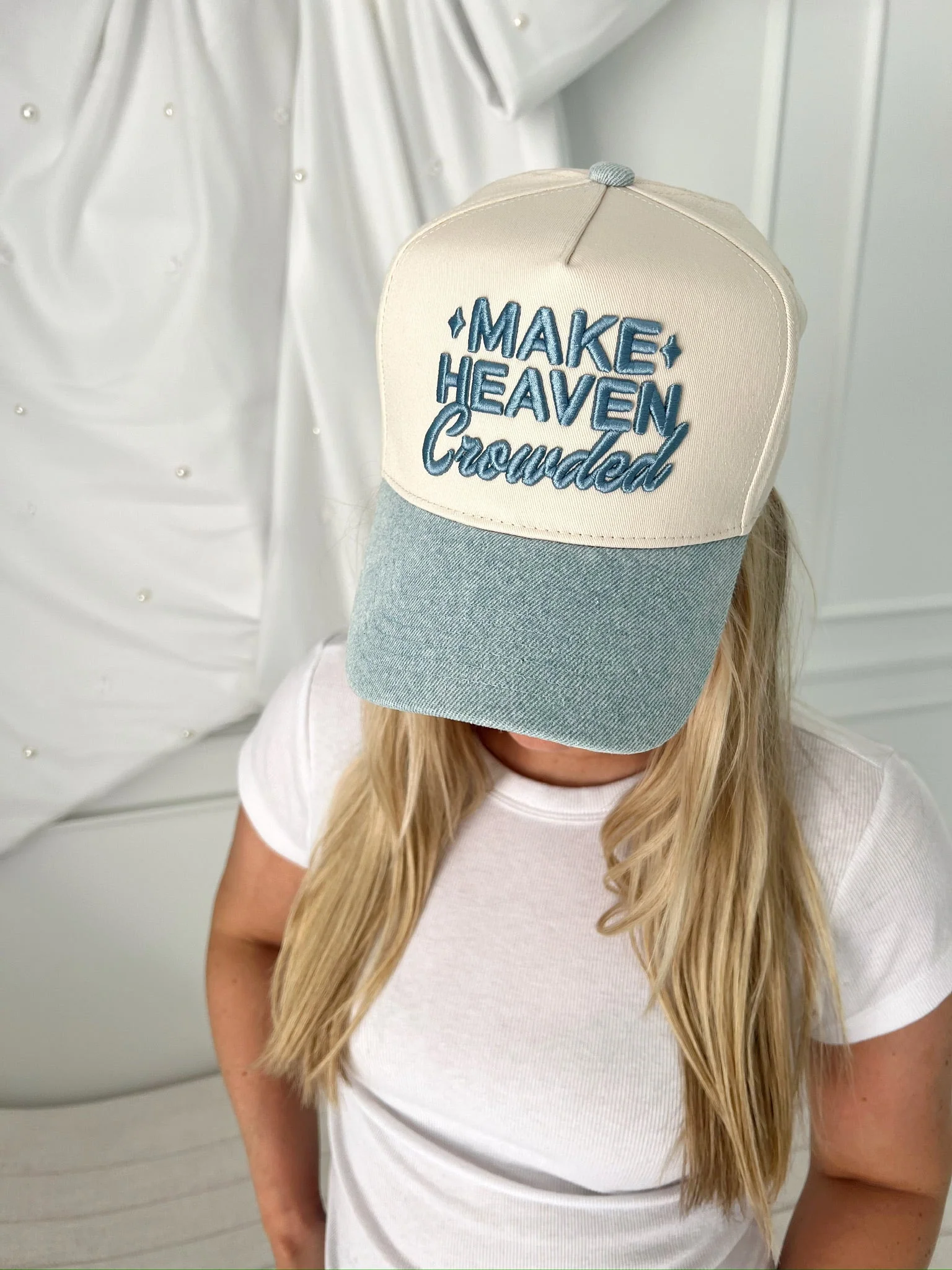 Make Heaven Crowded - Denim Vintage Trucker Hat - Image 4