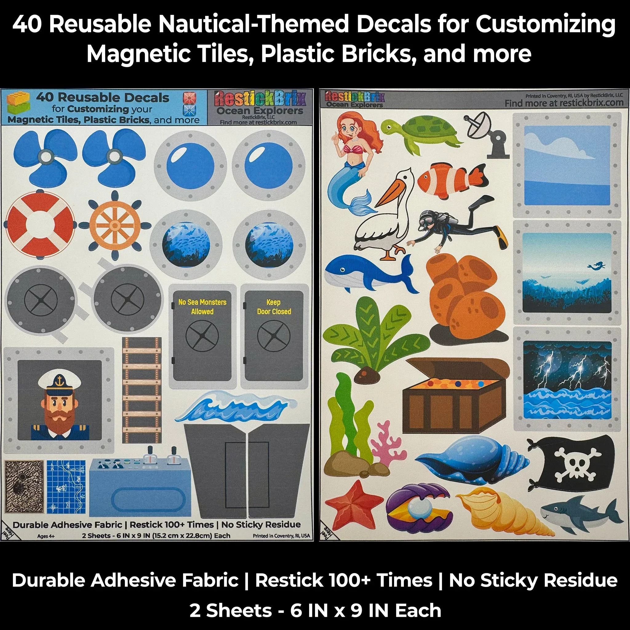 Ocean Explorers: Reusable Decals for Customizing Magnetic Tiles, Plastic Bricks, and more