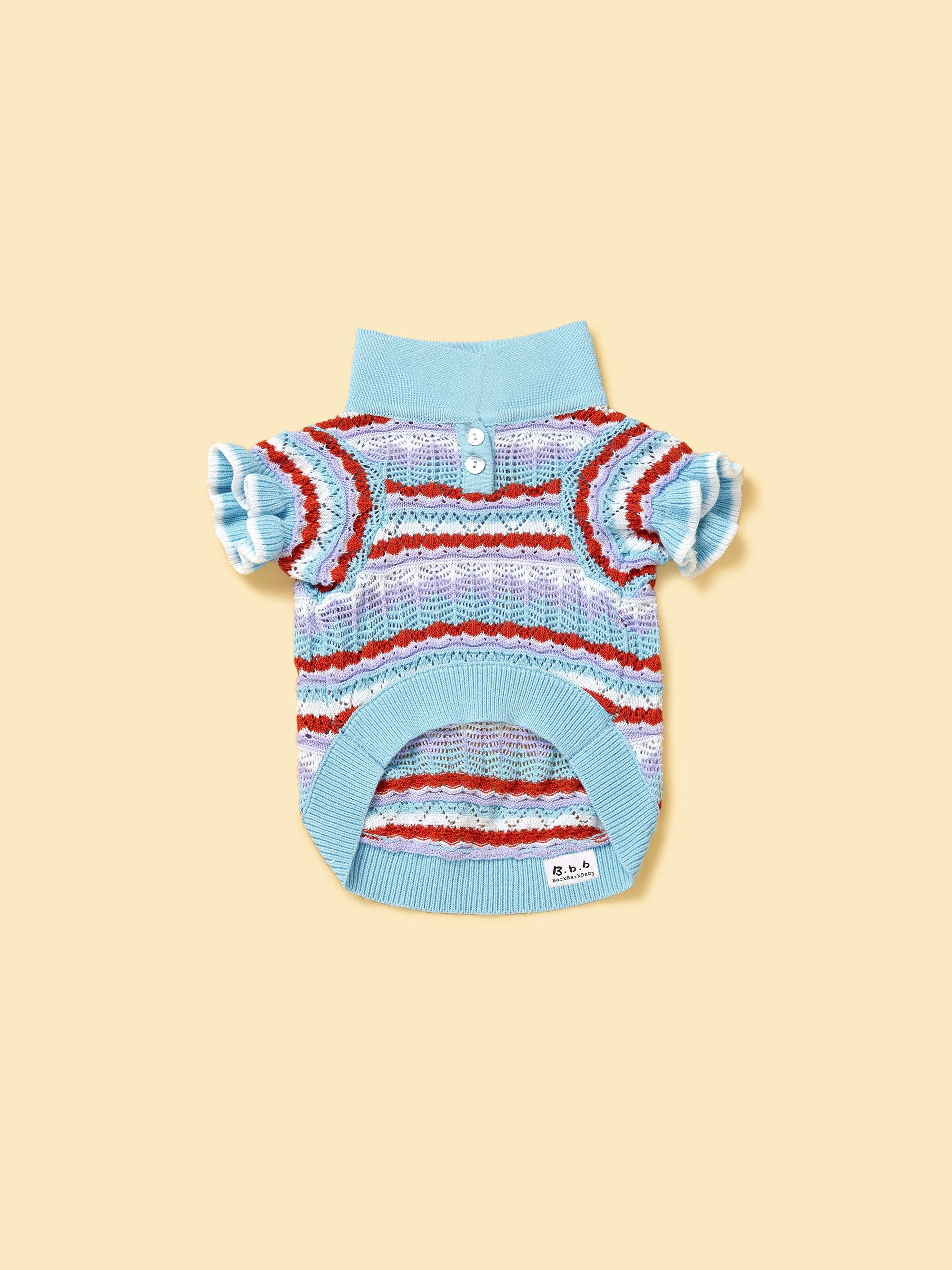 Pet & Me Spring Summer Ocean Blue Ruffle Crochet Short Sleeve Polo Shirt