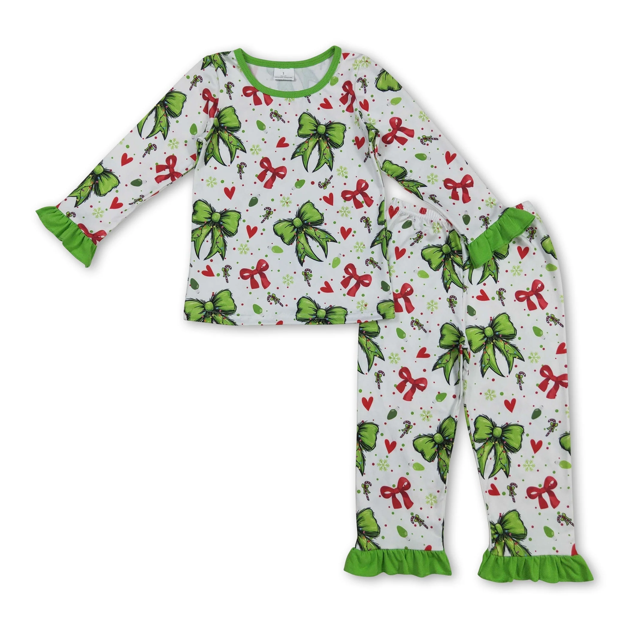 Ruffle long sleeves red green face heart girls Christmas pajamas
