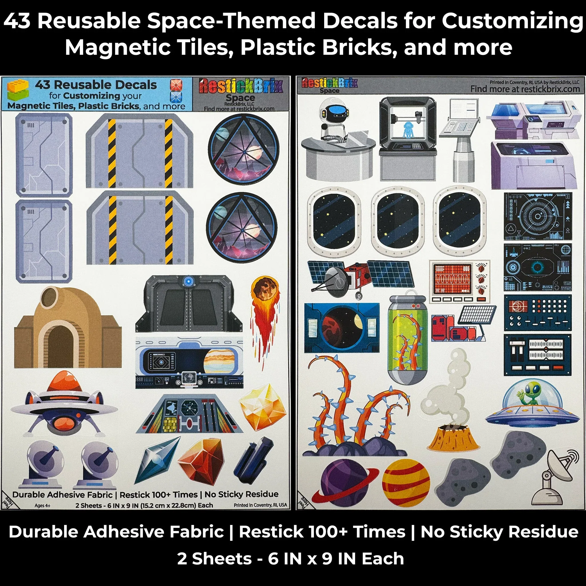 Space: Reusable Decals for Customizing Magnetic Tiles, Plastic Bricks, and more