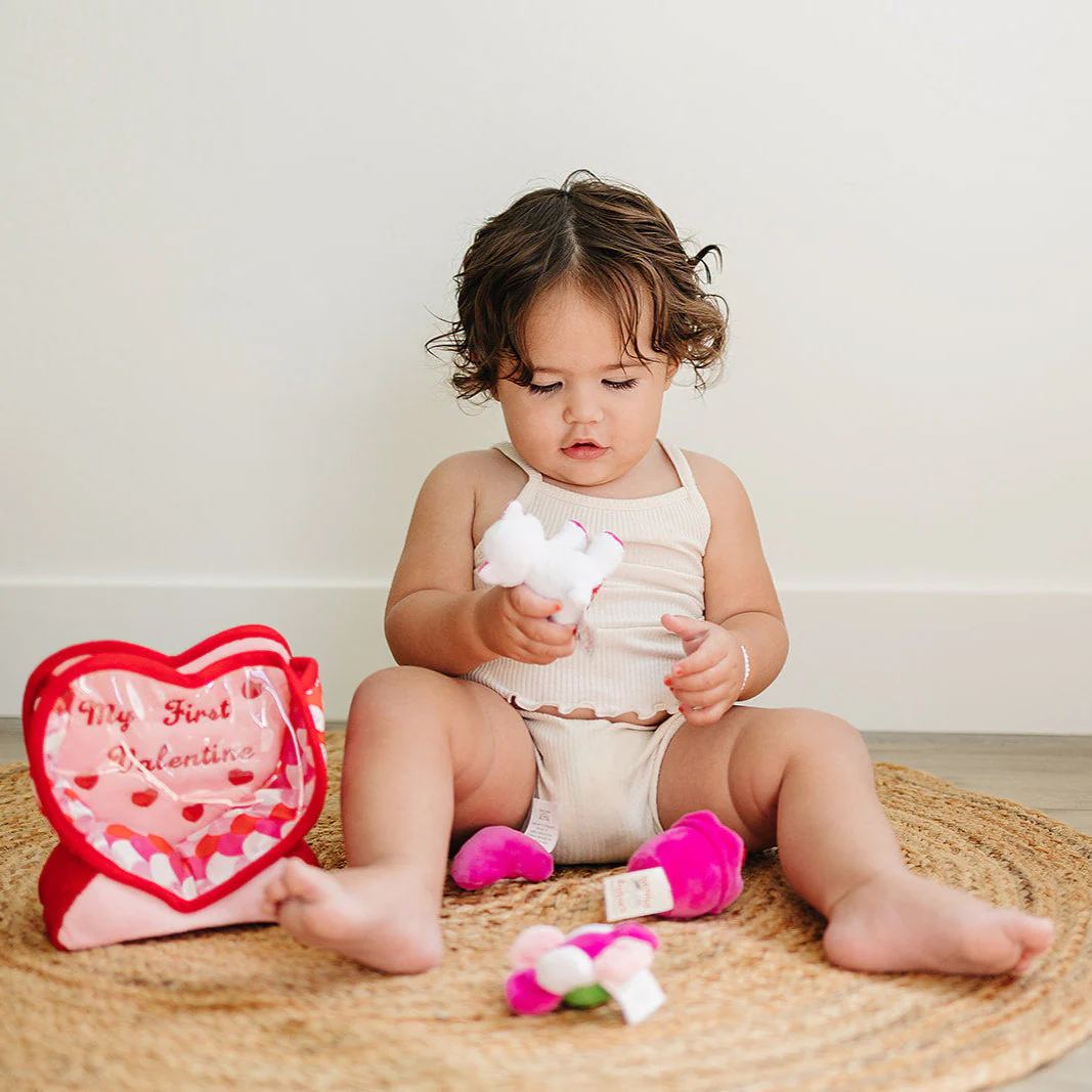 Valentine's Day Plush Fill & Spill Playset & Keepsake Gift with 4 ct Mini Sensory Toys (Cat, Heart, Flower, Cupcake) - Image 3