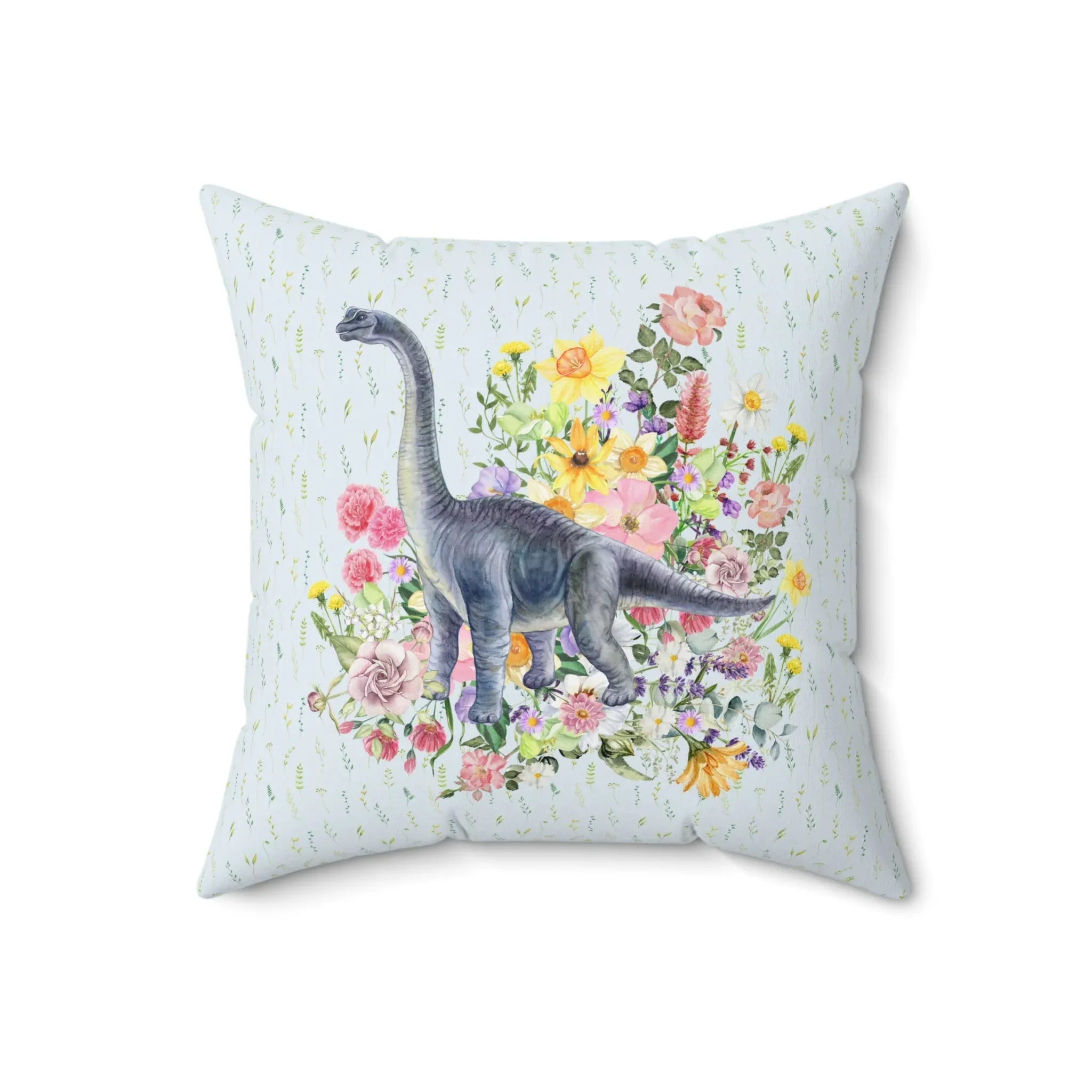 Watercolor Dinosaur Pillow, Brachiosaurus in Botanical Bouquet